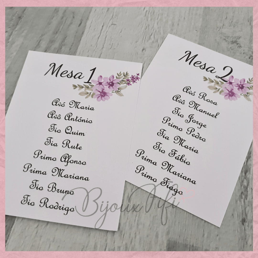 Cartões Seating Plan "Lilac Garden" (+cores) - Bijoux Fifi