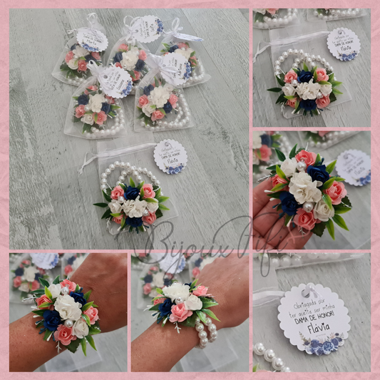 Pulseira floral "Peach and Navy"